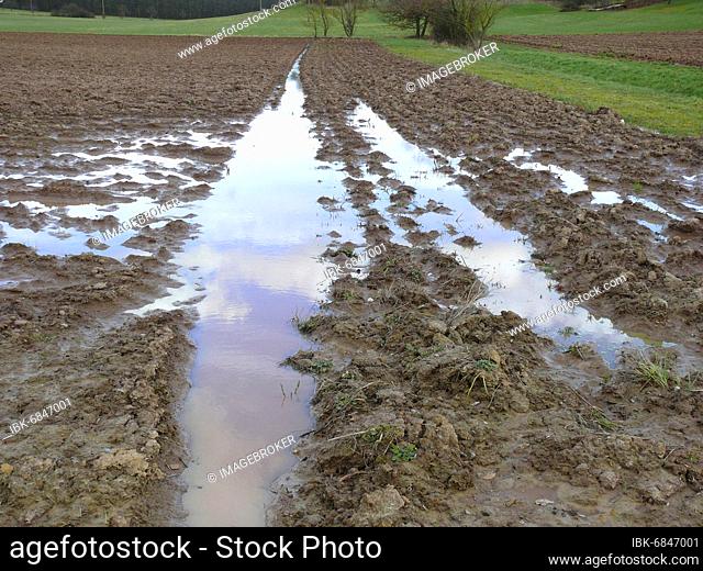 Ploughed field furrows filled with rainwater