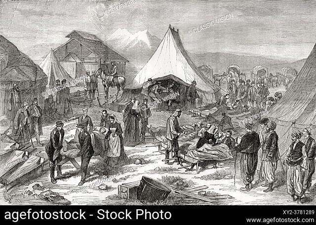 Russian field lazarett near Kars, Turkey, during The Russo-Turkish War of 1877 - 1878. From Russes et Turcs, La Guerre D'Orient, published 1878