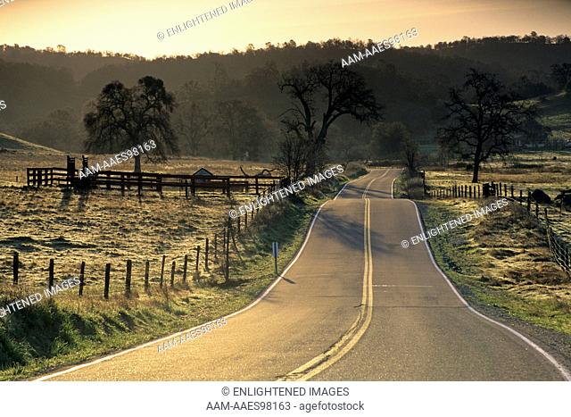 Sunrise Light over rural County Road in the Foothills near Plymouth, Amador County, California