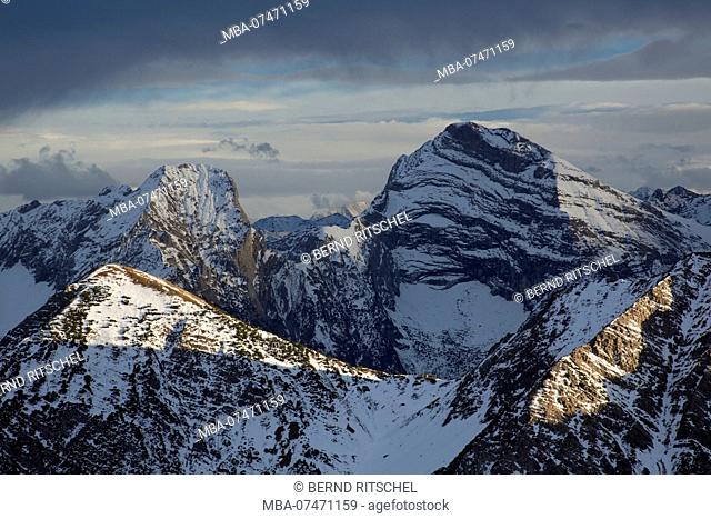 View to the Sonnjoch at sunset in winter, Karwendel mountains, Tirol, Austria