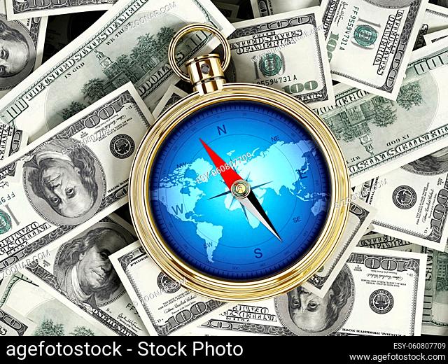 Compass standing on pile of dollars