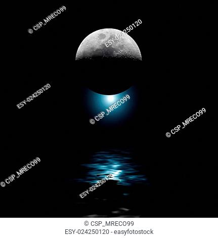 Backlit moon and blue star over water