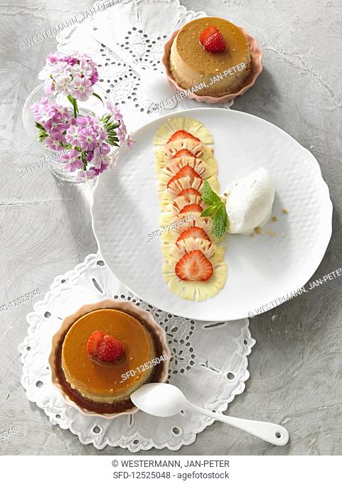 Strawberry flans with strawberry and pineapple carpaccio