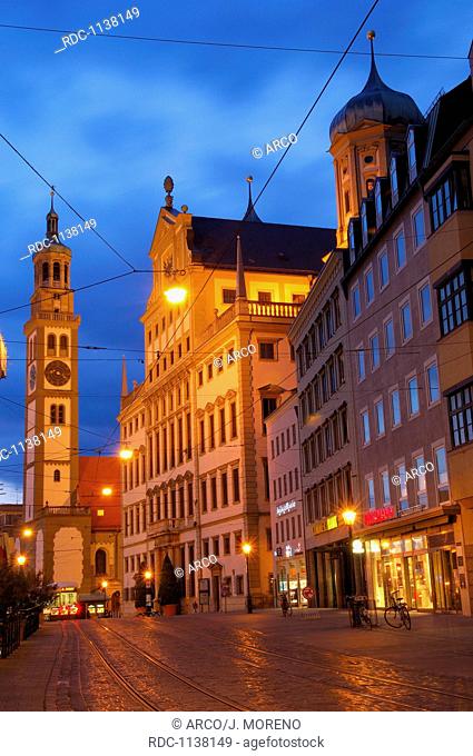 Augsburg, Maximilianstrasse, Maximilian street, Perlach Tower, Town Hall, Romantic Road, Romantische Strasse, Swabia, Bavaria, Germany, Europe
