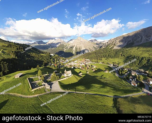 Switzerland, Canton of Grisons, Arosa, Aerial view of mountain resort town in summer
