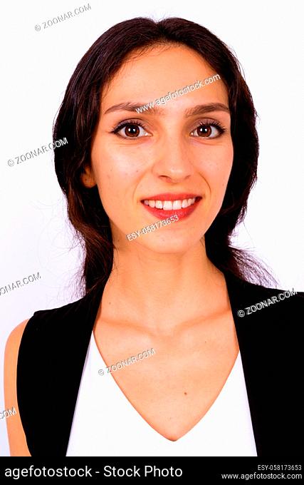 Studio shot of young beautiful businesswoman against white background