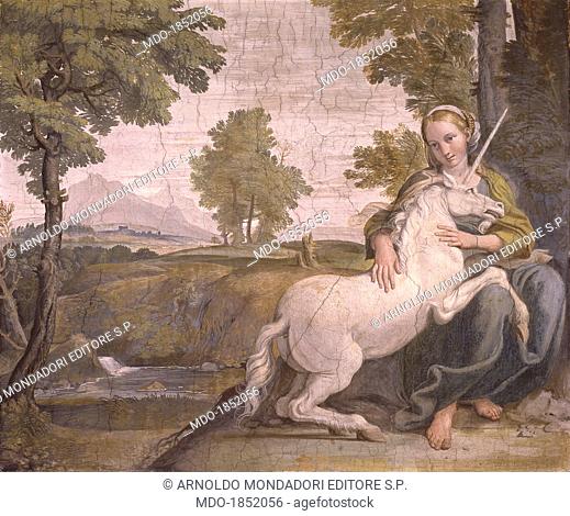The Virgin and the Unicorn (La vergine e l'unicorno), by Domenico Zampieri known as Domenichino, 1604 - 1605, 17th century, fresco