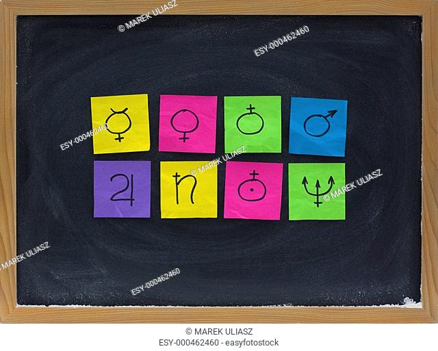 astronomical symbols for eight planets on blackboard
