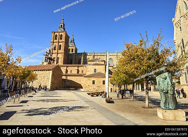 View of the Cathedral of Santa Maria from the Eduardo de Castro Square in Astorga, Way of St. James, Leon, Spain