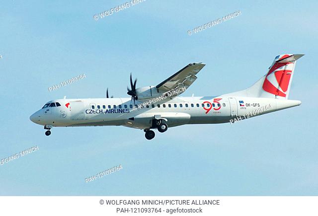 Frankfurt Rhein-Main Airport. A propeller aircraft ATR72 of the airline Czech Airlines, approaching from the east to the southern runway