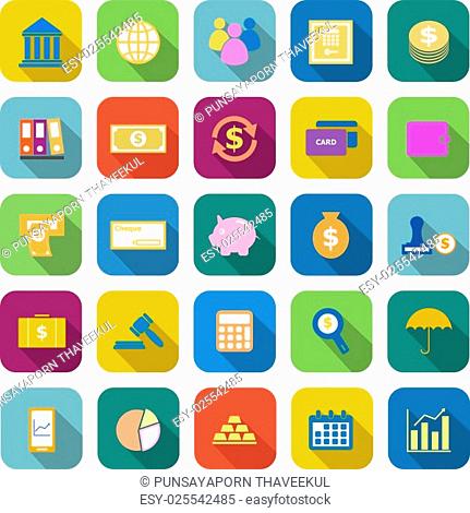 Banking color icons with long shadow on white background