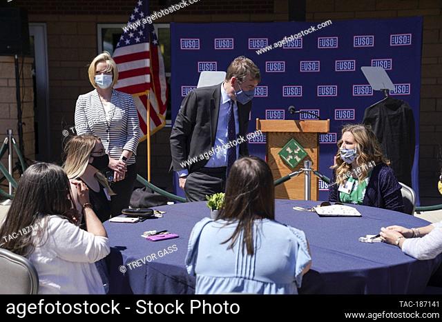 US Representative Doug Lamborn speaks with military spouses at Fort Carson in Colorado Springs, Colorado on Thursday, May 6th, 2021