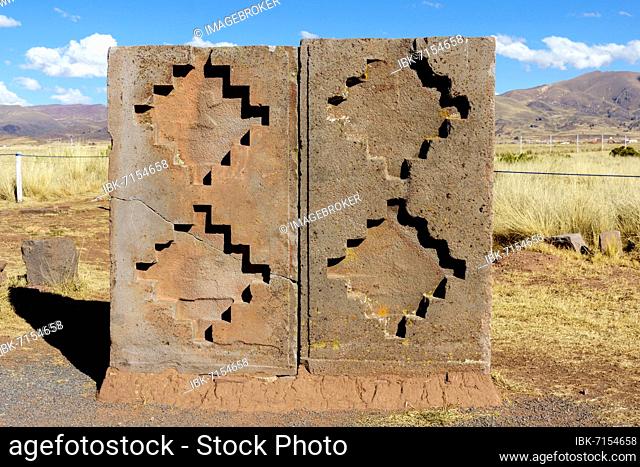 Stone block with Andean cross symbol, Chacana, pre-Inca ruins of Tiwanaku, also Tiahuanaco, Unesco World Heritage Site, La Paz Department, Bolivia