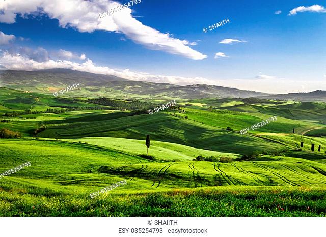 Beautiful view of the sunset over the valley in Tuscany