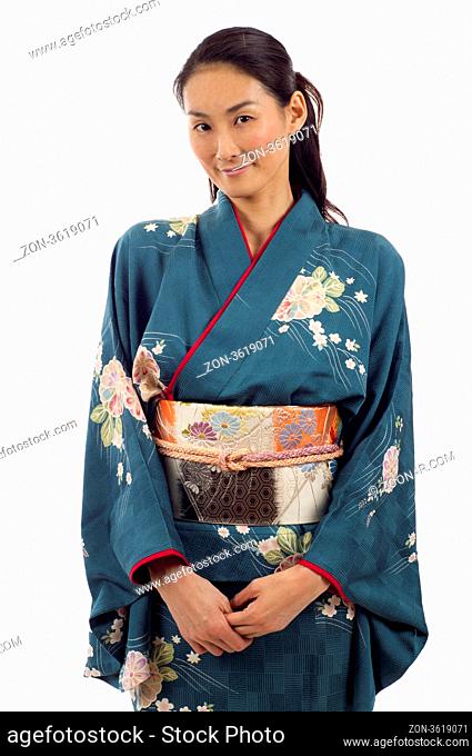 Japanese woman in traditional clothes of Kimono full length portrait isolated over white background