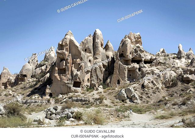 View of rock formations, Uchisar village, Cappadocia, Anatolia, Turkey