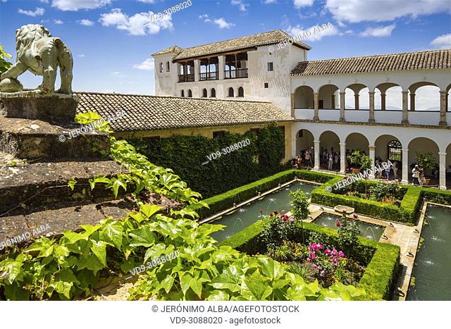 Generalife Palace gardens. Alhambra, UNESCO World Heritage Site. Granada City. Andalusia, Southern Spain Europe