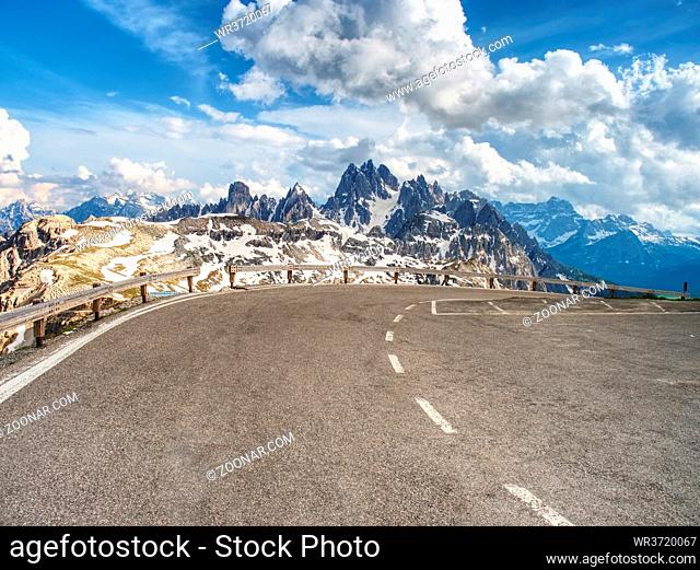 Spring view from road in National Park Tre Cime di Lavaredo, bellow the Cristallo group, Alps mountain. Dolomites South Tyrol