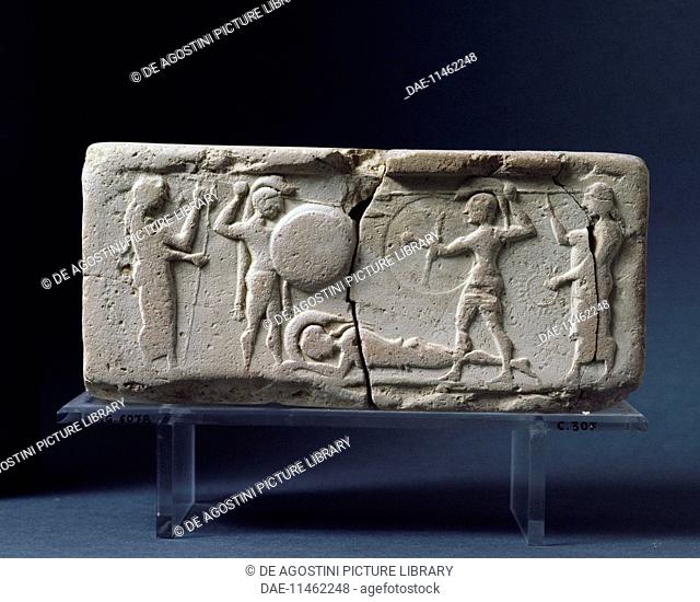 Scene of a duel with fallen warrior, the figure on the left could be identified with Heracles, terracotta arula (altar) from the well to the north of the Temple...