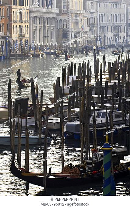Italy, Venice, Canal Grande, Landing place, motorboats, gondolas  Venetien, lagoon city, waterway, highway, boats, cityscape, symbol, boat trip, gondola trip