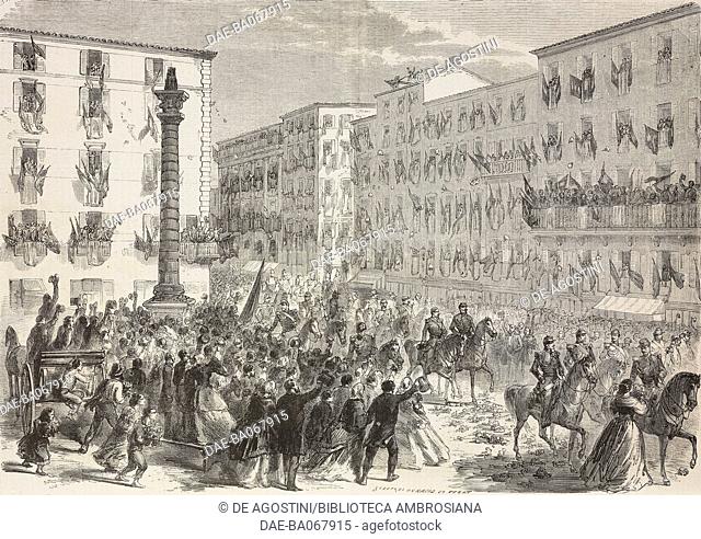 Napoleon III (1808-1873) and Victor Emmanuel II (1820-1878) enter Milan welcomed by the cheering crowd, June 8, 1859, Italy