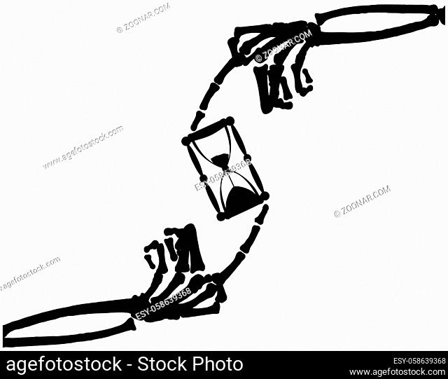 Skeleton arms pair bones holding hourglass silhouette stencil black, vector illustration, horizontal, over white, isolated