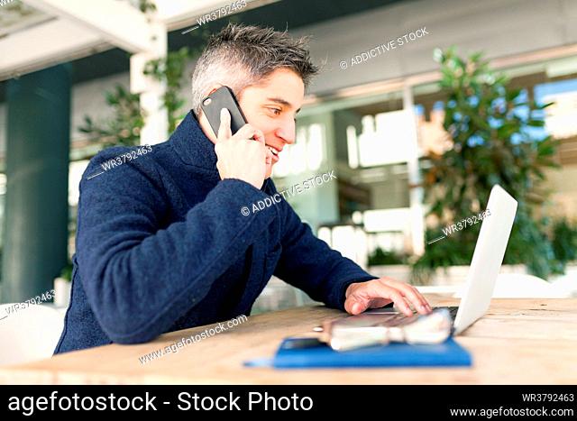 businessman, mobile communication, laptop, on the phone, internet