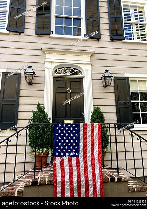 Charleston, South Carolina, US flag hanged on house railing