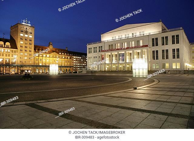 Opera house at Augustusplatz. Krochhaus, left, Leipzig, Saxony, Germany