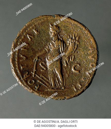 Bronze Domitian as, with cornucopia and Tinione or Tenione, 87 AD, verso. Roman coins, 1st century AD.  Padova, Musei Civici Eremitani, Palazzo Zuckermann