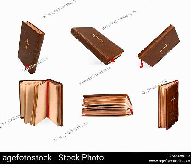 Realistic christianity Holy Bible set. Collection of realism style drawn antique book with description jesus christ son of god life