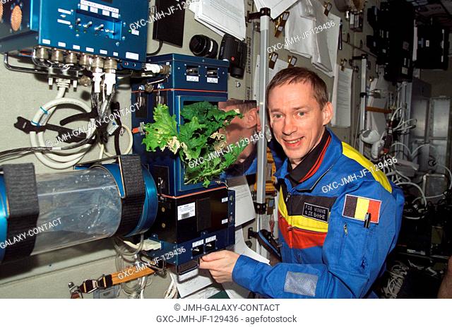 Belgian Soyuz 5 Flight Engineer Frank DeWinne is pictured near a plant growth experiment in the Zvezda Service Module on the International Space Station (ISS)