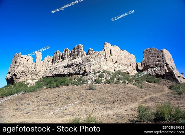 ruins of fortress Kyzylkala (Red Town) -trading settlement on the Silk Road (10-13 century), ancient Khorezm, in the Kyzylkum desert in Uzbekistan