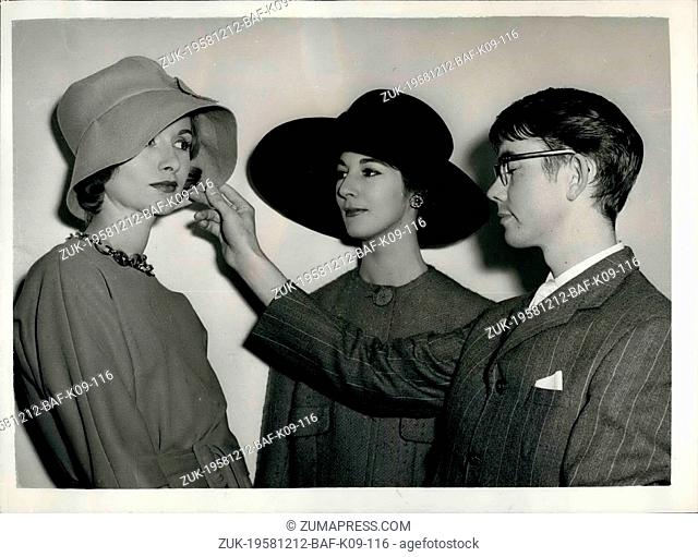 Dec. 12, 1958 - British youth gets a top job in Paris Fashions.: Graham Smith, 20, of Bexley, Kent a hat designer, has just landed a top Paris job