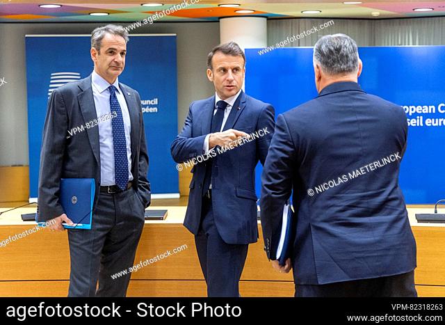 Prime Minister of Greece Kyriakos Mitsotakis, President of France Emmanuel Macron and Prime Minister of Hungary Viktor Orban pictured at the start of a European...
