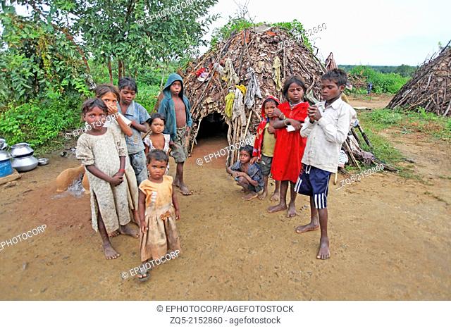 Tribal children standing outside the hut. Birhor tribe. Keredari village and block, District Hazaribaug, Jharkhand, India