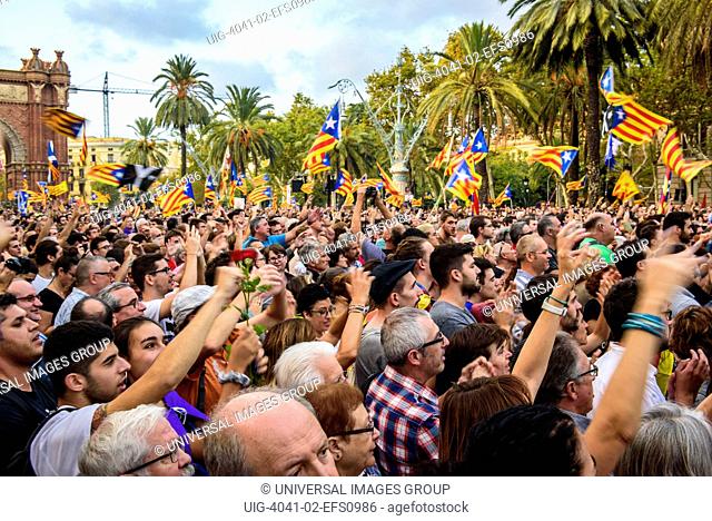 Crowds watch Carles Puigdemont speech about Independence of Catalonia, Spain