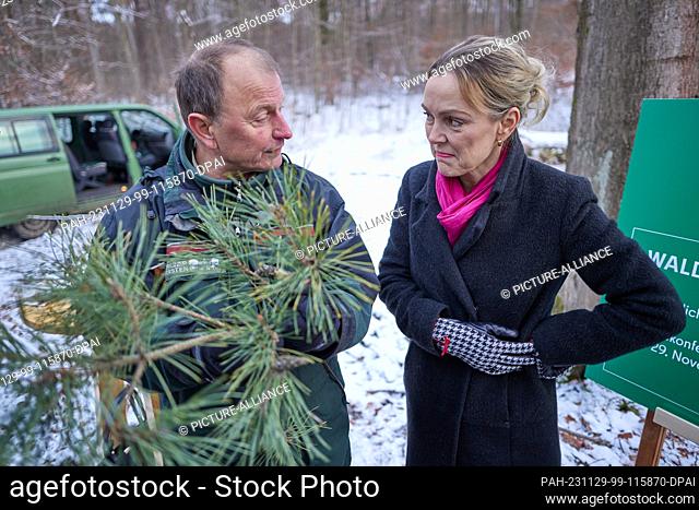 29 November 2023, Berlin: Gunnar Heyne, Head of Berlin Forestry, shows Manja Schreiner (CDU), Berlin's Senator for the Environment