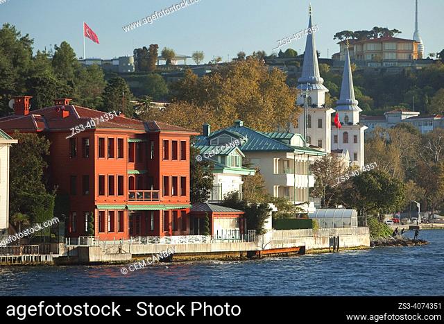 View of the red painted Abdulgaffar Bey Yalisi, a seaside residence or so-called waterside mansion in Vanikoy village, a neighbourhoods on the Asian side of the...
