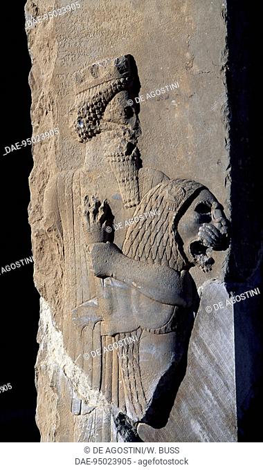 Relief of hero strangling a lion, jamb of a door, room 5, Palace of Darius (Tachara), Persepolis (Unesco World Heritage List, 1979), Iran