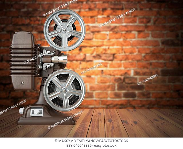 Vintage projector on the bricks background. Cinema, movie or video concept. 3d illustration