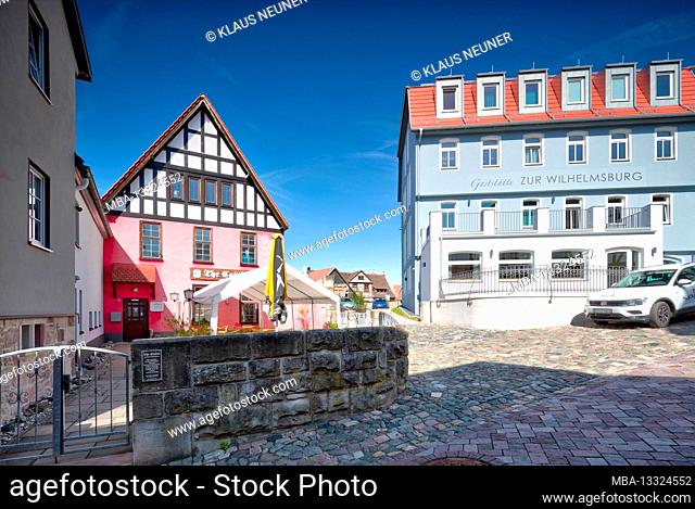 The Castle, bar, restaurant, Zur Wilhelmsburg, Schlossberg, alley, house facade, half-timbered house, half-timbered, Schmalkalden, Thuringia, Germany