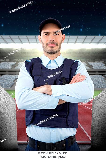 security guard of the football field, hand folded