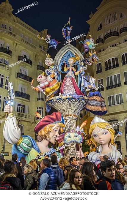 Fallas festival. Falla. Ninots, figures to be burnt during fallas festival. Valencia. Valencian Community. Spain