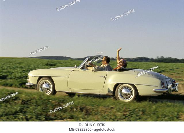 couple, well Age, cheerfully, old-timers, Cabrio,  drives, on the side, country road,   Series, 50-60 years, partnership, relationship, happily, fun