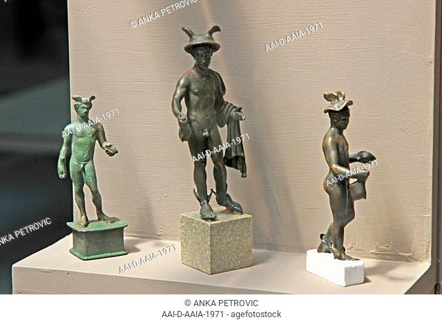 Three ancient statues of the Roman god Mercury, on display at National Archeological Museum Djerdap, Kladovo, Serbia