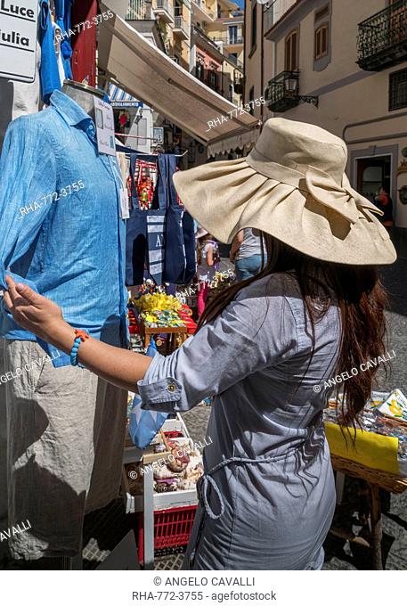 Woman shopping in the streets of Amalfi, on the Amalfi Coast, Campania, Italy, Europe
