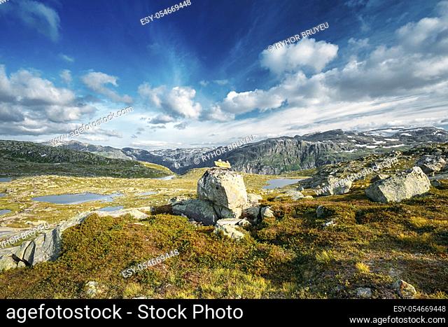 Landscape Of Norwegian Mountains. Nature Of Norway. Travel And Hiking. Amazing Scenic View At Sunny Summer Day. Nobody. Scandinavia. Blue Sky