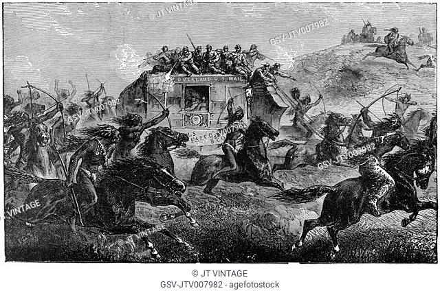 “Attack Upon a United States Mail Coach”, Book Illustration from “Indian Horrors or Massacres of the Red Men”, by Henry Davenport Northrop, 1891