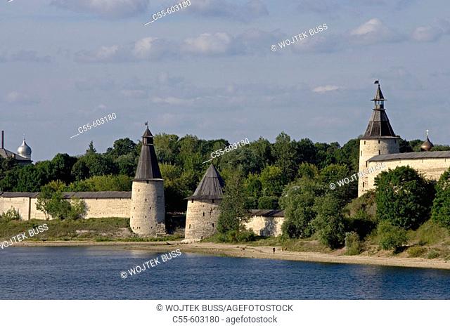 High (or Ressurection) Tower. Kutekroma Tower. Velikaia (flat) tower. Velikaia river. Kreml. Pskov. Russia